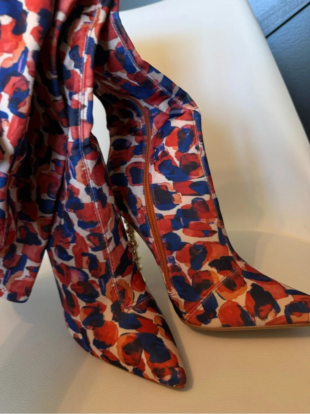 ☀️🌊 Cape Robbin Kalel Stylish Red & Blue Printed Stiletto Knee-High Boot NWT